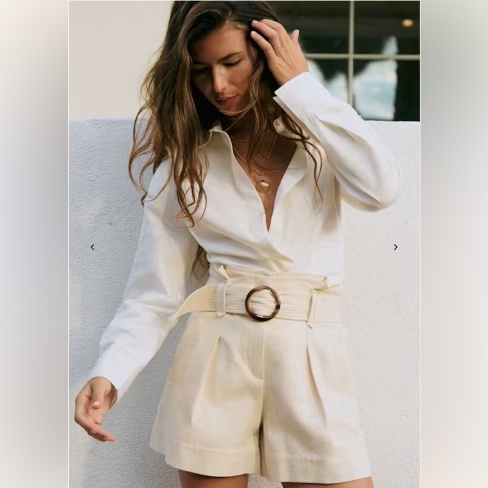 Sezane Cream High-Waist Pleated Shorts with Belt